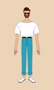 Fashion cartoon hand-drawn illustration of a tall young man dressed in trendy casual clothes